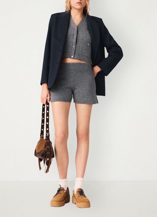 Maje Istra high waist straight fit korte broek in wolblend - voorkant 8 grijs