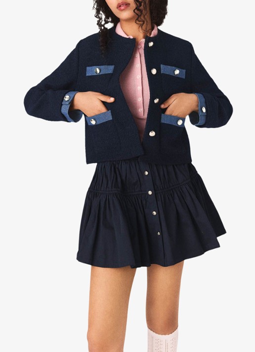 Maje Jack van bouclé met details van denim en opgestikte zakken - detail 4 donkerblauw