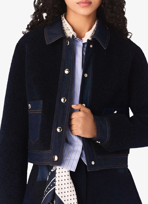 Maje Jack van bouclé  met details van denim - detail 2 donkerblauw
