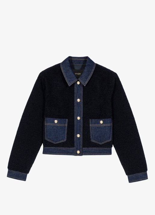 Maje Jack van bouclé  met details van denim - voorkant 5 donkerblauw