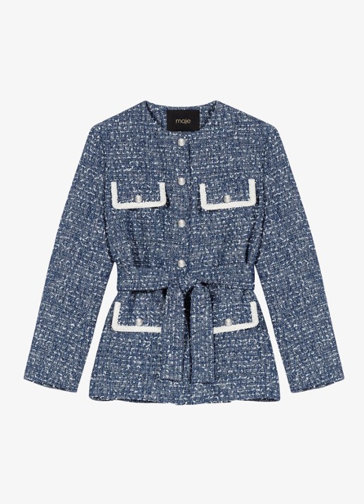 Maje Jack van tweed met klepzakken en strikceintuur - voorkant donkerblauw