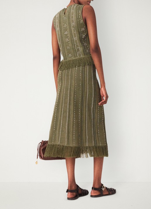 Maje Jilurex midi rok met strass en franjes - achterkant legergroen