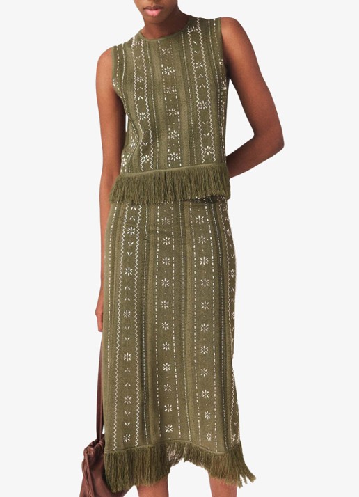 Maje Jilurex midi rok met strass en franjes - detail 7 legergroen