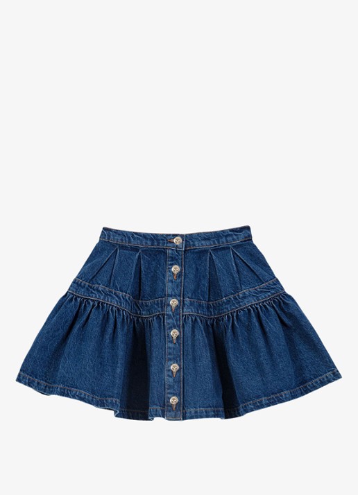 Maje Juponim mini spijkerrok met plooien - voorkant 3 donkerblauw