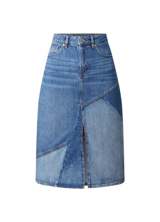 Maje Justine midi spijkerrok met patchwork - voorkant 2 jeans