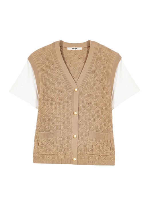 Maje Kabelgebreid gilet in kasjmierblend met opgestikte zakken - voorkant beige