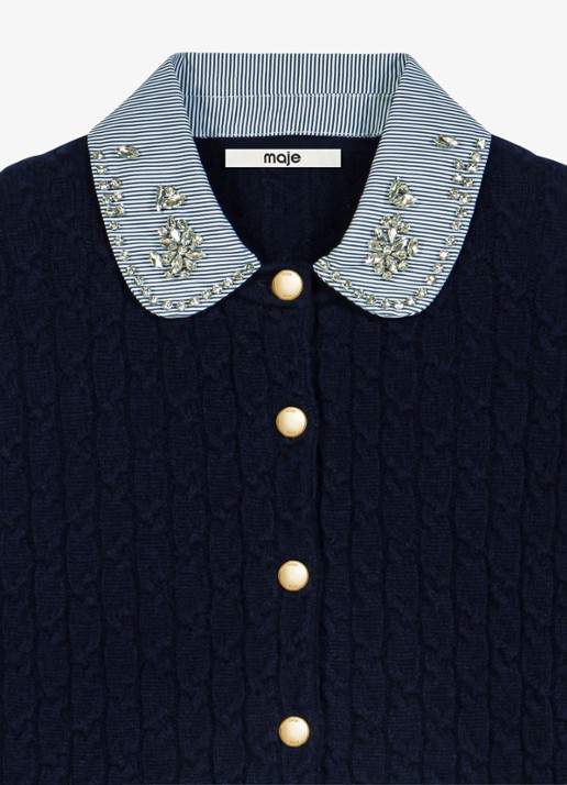 Maje Kabelgebreid vest met afneembare kraag - detail 2 donkerblauw