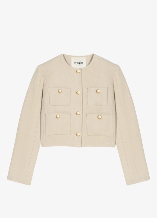 Maje Kort linnen blend jasje - voorkant beige