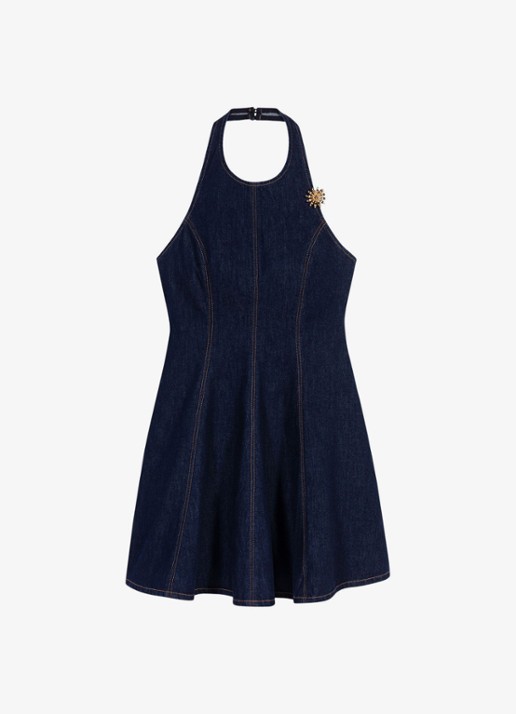 Maje Korte denim jurk met broche - voorkant 7 donkerblauw