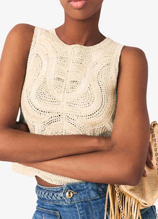 Maje Light mouwloze top met opengewerkt dessin - detail 6 beige