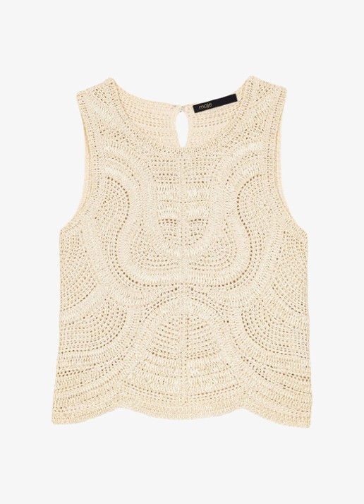 Maje Light mouwloze top met opengewerkt dessin - voorkant beige