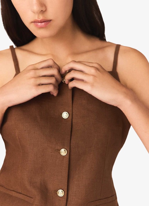 Maje Lilicao gilet van linnen met paspelzakken - detail 5 bruin