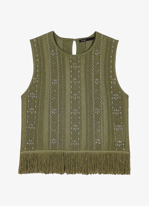 Maje Lilurex tanktop met strass en franjes - voorkant 5 legergroen