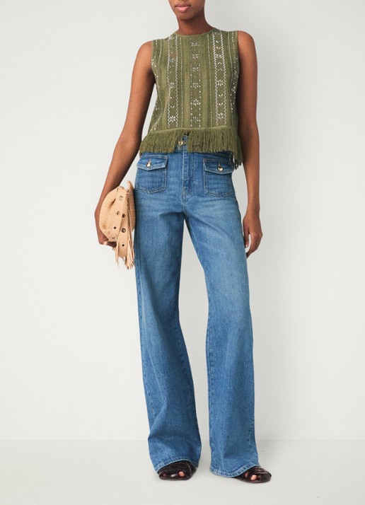 Maje Lilurex tanktop met strass en franjes - voorkant 6 legergroen