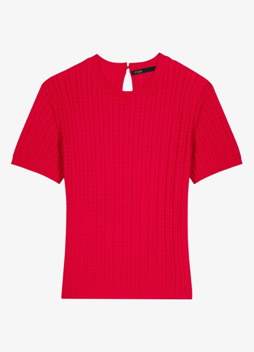 Maje Mapi kabelgebreide T-shirt in zijdeblend - voorkant 7 steenrood