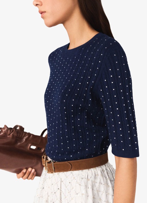 Maje Mapola fijngebreide trui met strass - detail 4 donkerblauw
