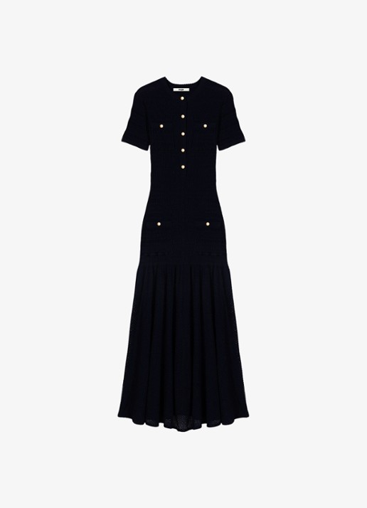 Maje Maxi jurk met sierknopen - voorkant donkerblauw
