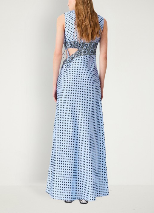 Maje Maxi jurk van zijde met cut-out detail en print - achterkant 8 lichtblauw