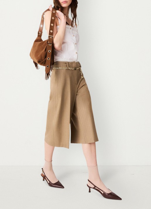 Maje Mid waist wide fit korte broek met streepprint - detail 5 beige / beige