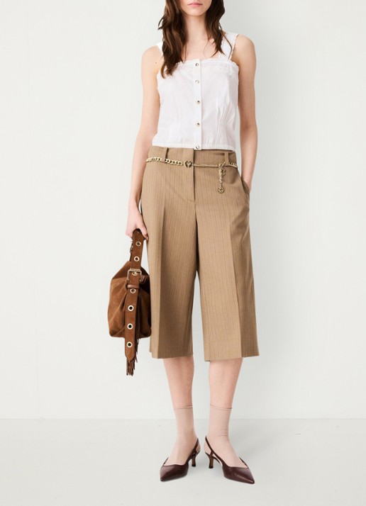 Maje Mid waist wide fit korte broek met streepprint - voorkant 8 beige / beige