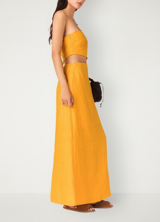 Maje Midi jurk in linnenblend met cut-out detail - detail 3 okergeel