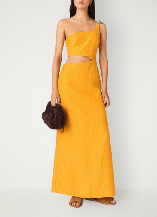 Maje Midi jurk in linnenblend met cut-out detail - detail 5 okergeel