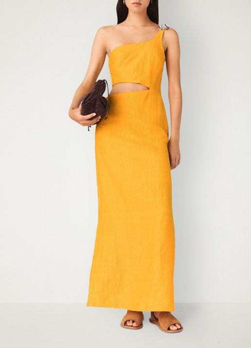 Maje Midi jurk in linnenblend met cut-out detail - voorkant 2 okergeel