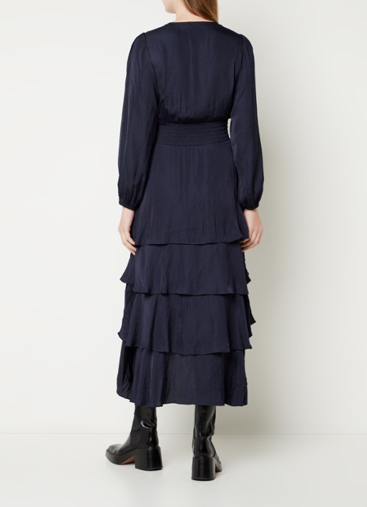Maje Midi jurk met smockwerk en volant - achterkant 5 donkerblauw