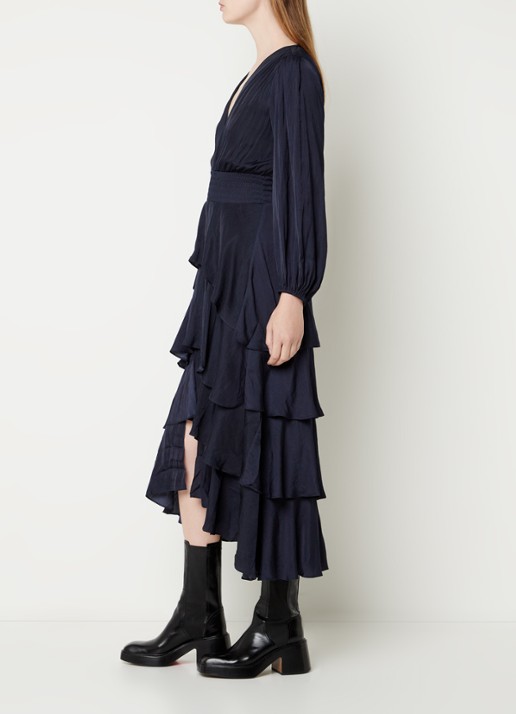 Maje Midi jurk met smockwerk en volant - voorkant 4 donkerblauw