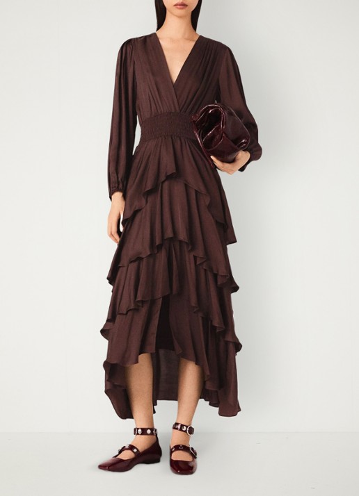 Maje Midi jurk met smockwerk en volant - detail donkerbruin