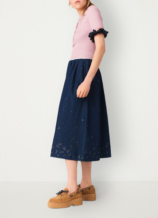 Maje Midi plooirok met kralendecoratie - voorkant 5 donkerblauw