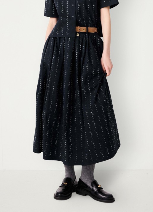 Maje midi-rok met strassdetails en afneembare strikceintuur - detail donkerblauw