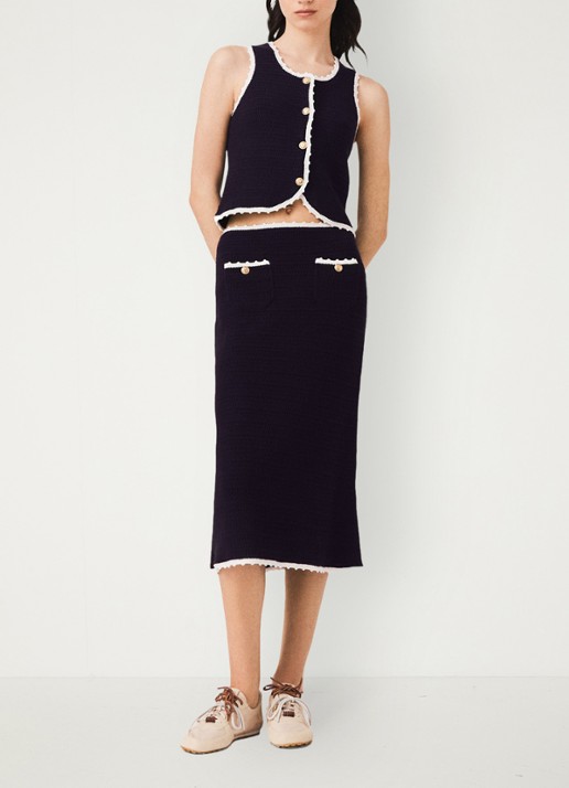 Maje Midi rok van crochet - voorkant 3 donkerblauw