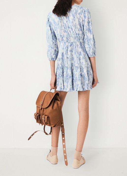 Maje Mini jurk met smockwerk en V-hals - achterkant 3 blauw