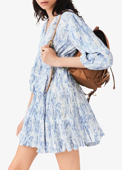 Maje Mini jurk met smockwerk en V-hals - detail 5 blauw