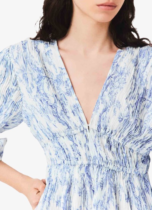Maje Mini jurk met smockwerk en V-hals - detail 8 blauw