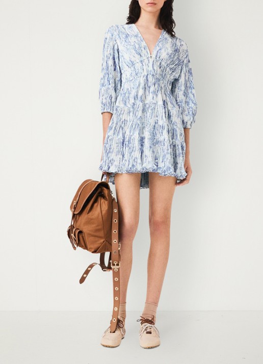 Maje Mini jurk met smockwerk en V-hals - voorkant 2 blauw