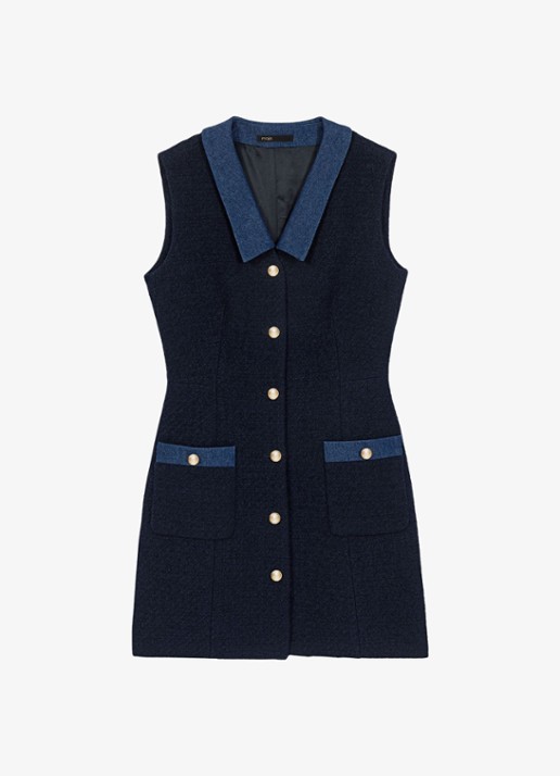Maje Mini jurk van blouclé met opgestikte zakken - voorkant donkerblauw