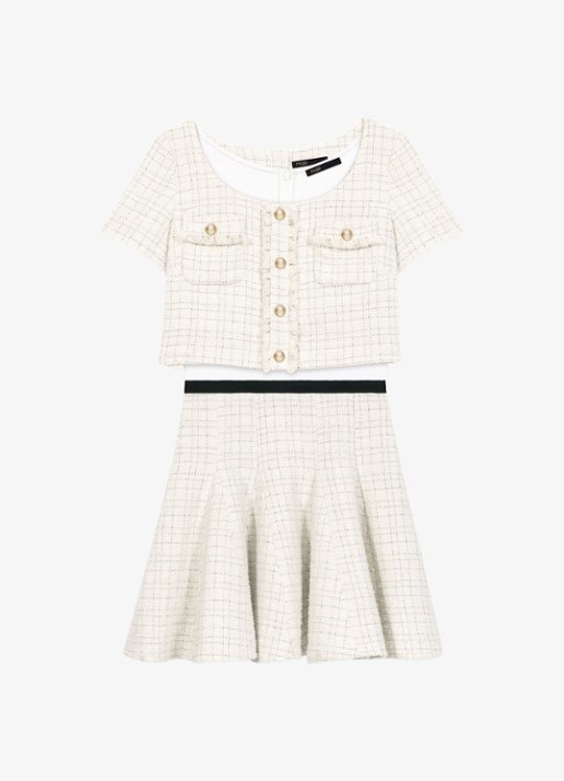 Maje Mini rok en cropped vest van tweed - voorkant 6 beige
