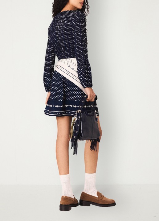 Maje Mini tuniekjurk met smockwerk en stippenprint - achterkant 7 donkerblauw