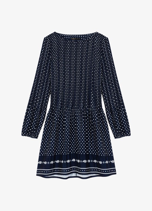 Maje Mini tuniekjurk met smockwerk en stippenprint - voorkant 6 donkerblauw