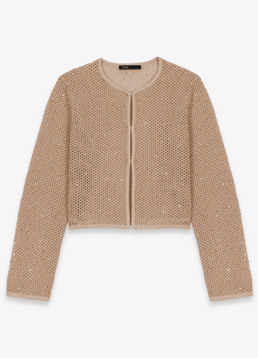 Maje Opengebreid vest met pailletten - voorkant beige