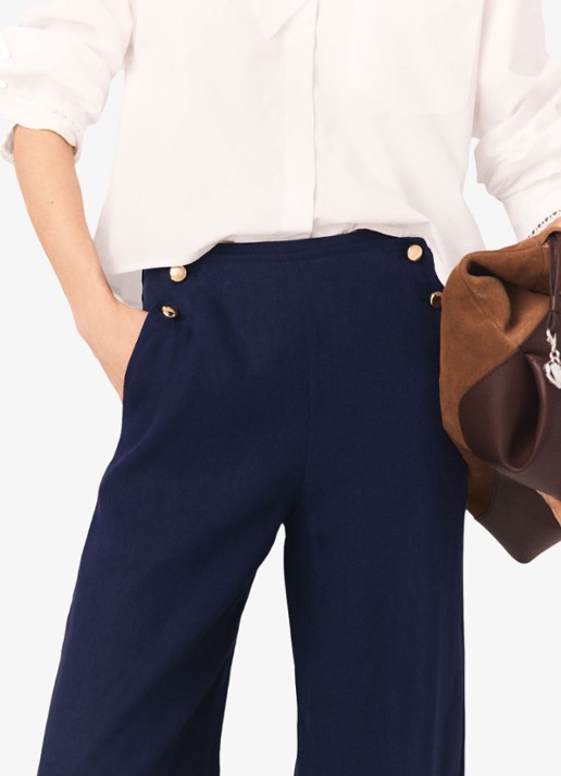 Maje Palin high waist loose fit pantalon in linnenblend - detail 4 donkerblauw
