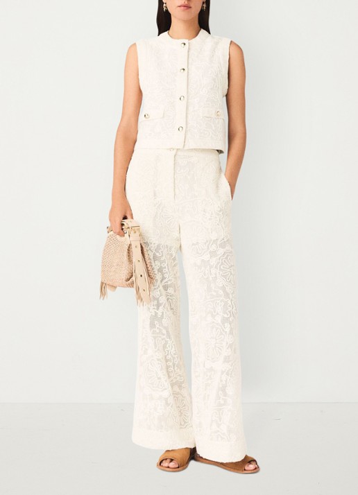 Maje Paros high waist wide fit pantalon met borduring - detail 3 beige