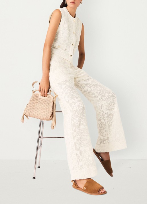 Maje Paros high waist wide fit pantalon met borduring - detail 4 beige