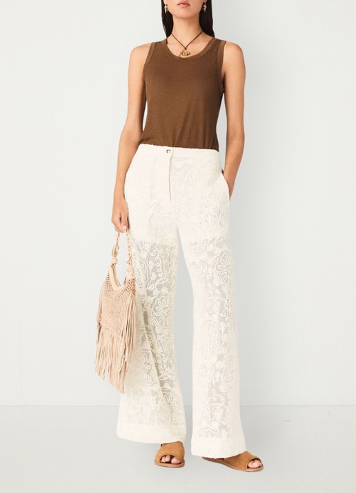 Maje Paros high waist wide fit pantalon met borduring - voorkant 7 beige