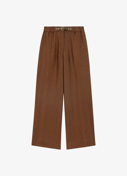 Maje Piumacao high waist loose fit pantalon met ceintuur - voorkant bruin