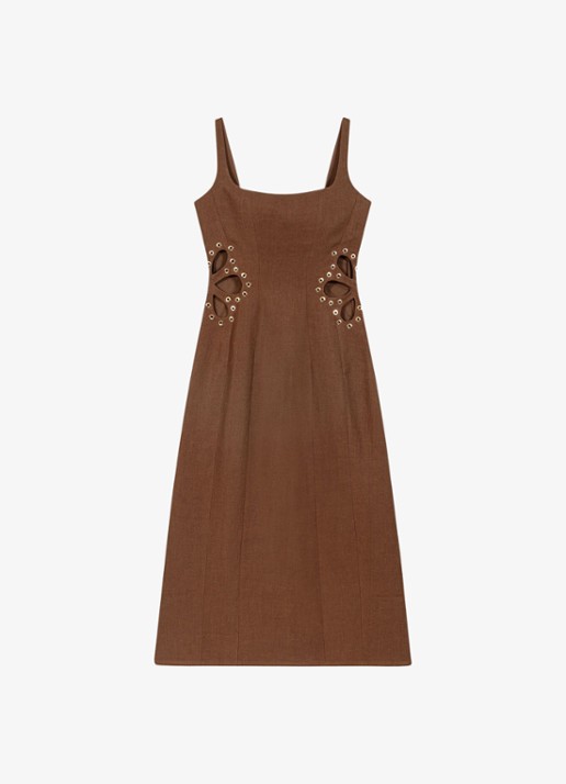 Maje Racao midi jurk van linnen met cut-out detail  - voorkant 2 bruin
