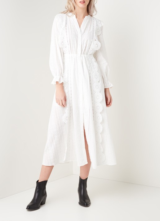 Maje Raviane maxi blousejurk met broderie - voorkant 2 gebroken wit