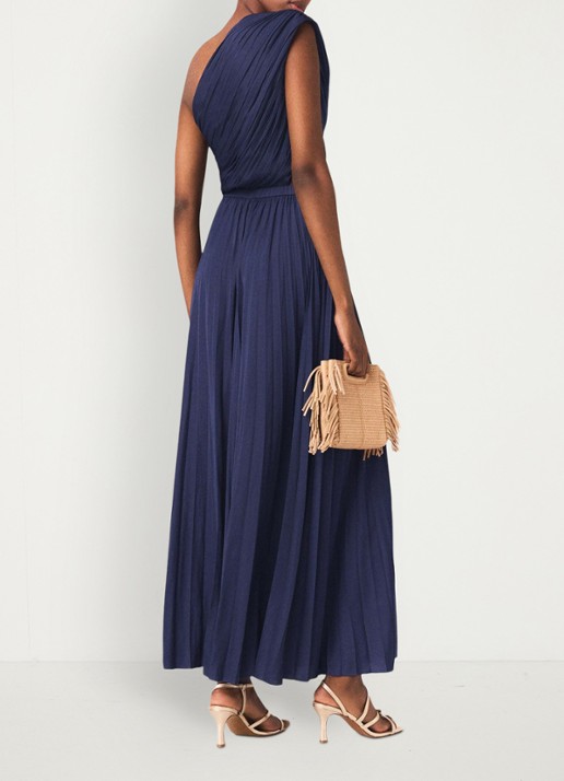 Maje Revi maxi one shoulder jurk met plooien en cut-out detail - achterkant donkerblauw